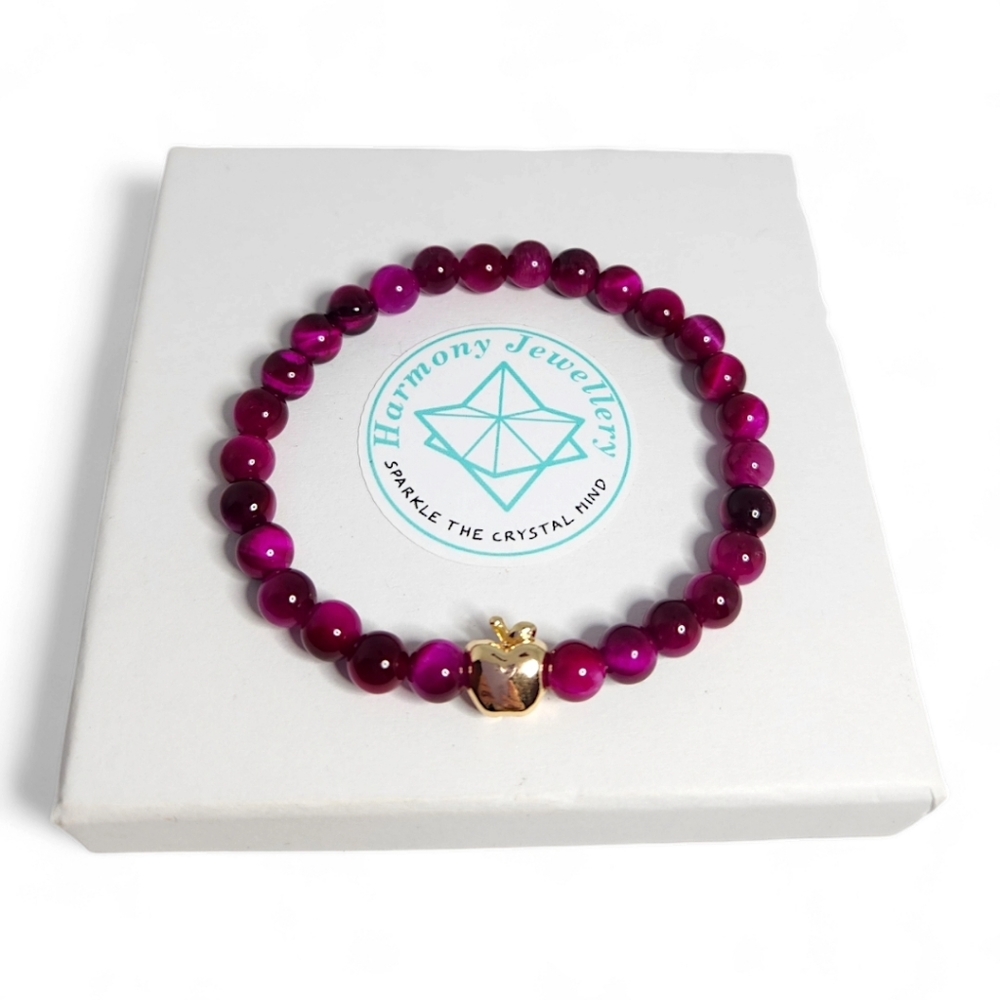 6 mm Pink Tiger Eye Apple gold plated charm bracelet